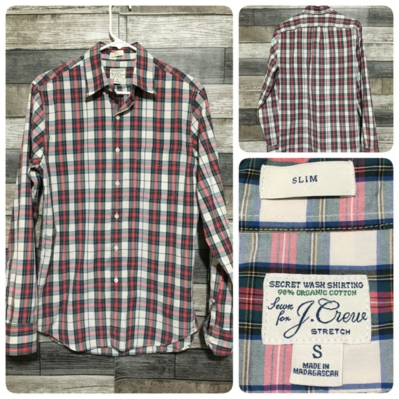 J Crew Slim Plaid Button Up Shirt Men’s S Cream Red Green Stretch - Picture 1 of 8